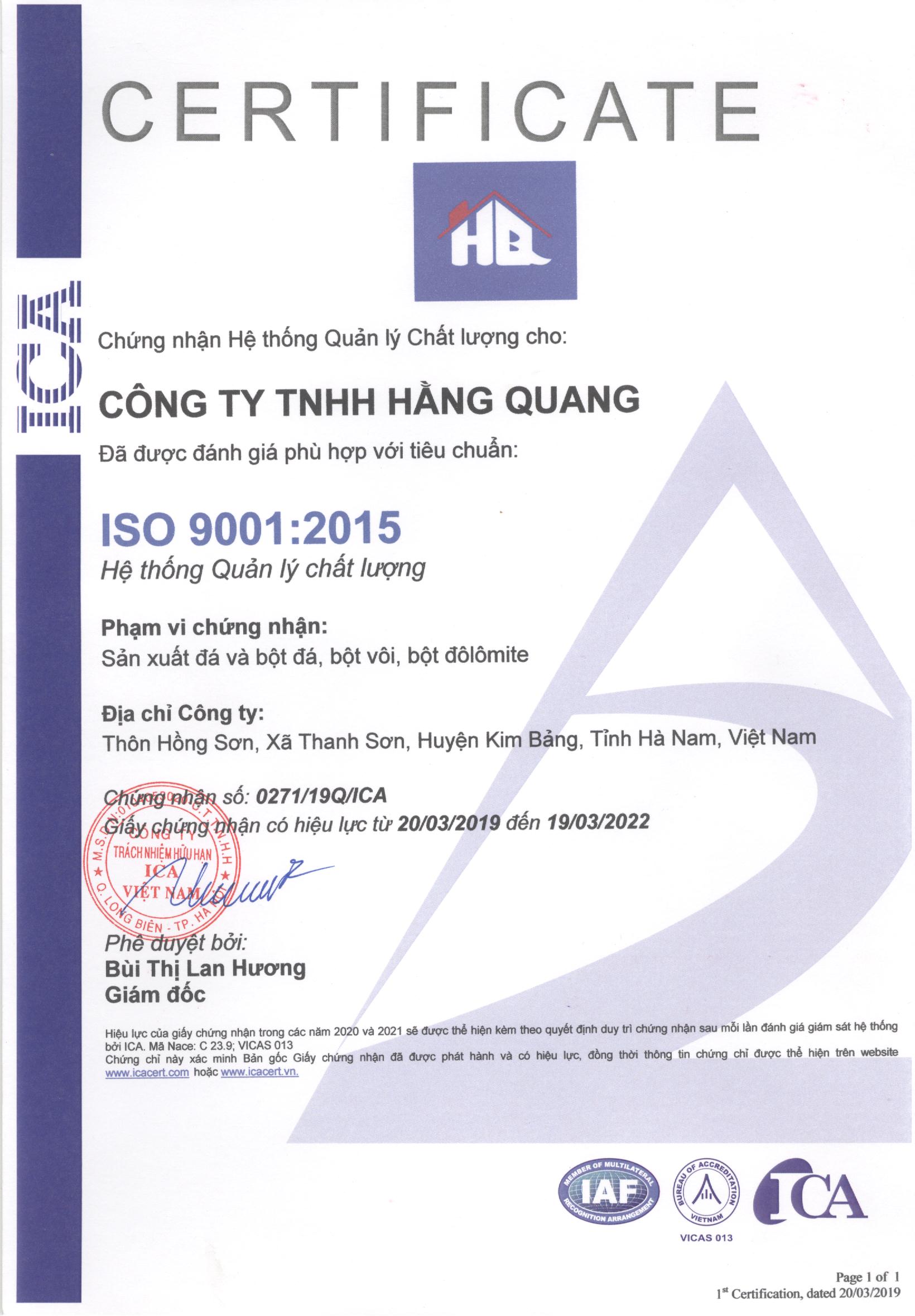 Chứng nhận ISO - Bột Đá Hằng Quang - Công Ty TNHH Thương Mại Hằng Quang